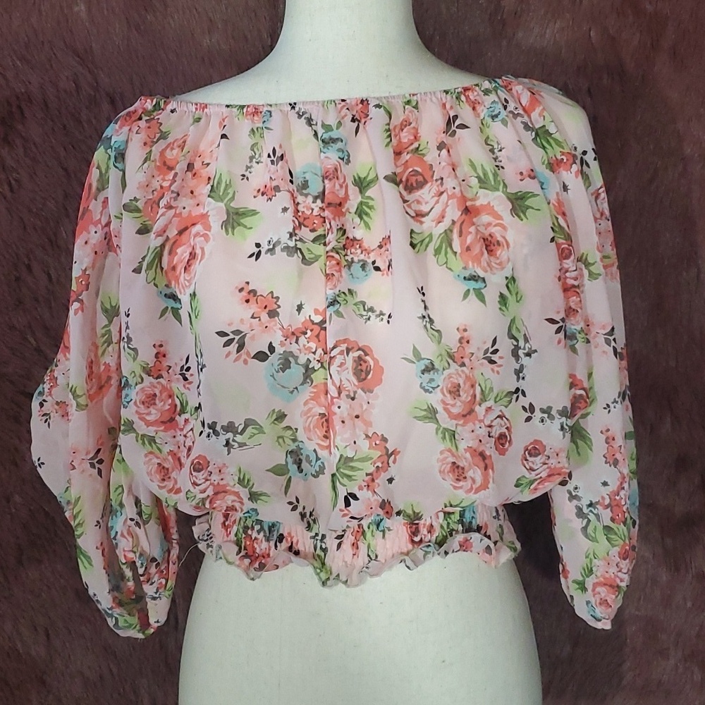 Wishful Park Sheer Floral Cropped Elbow Length Sleeve
